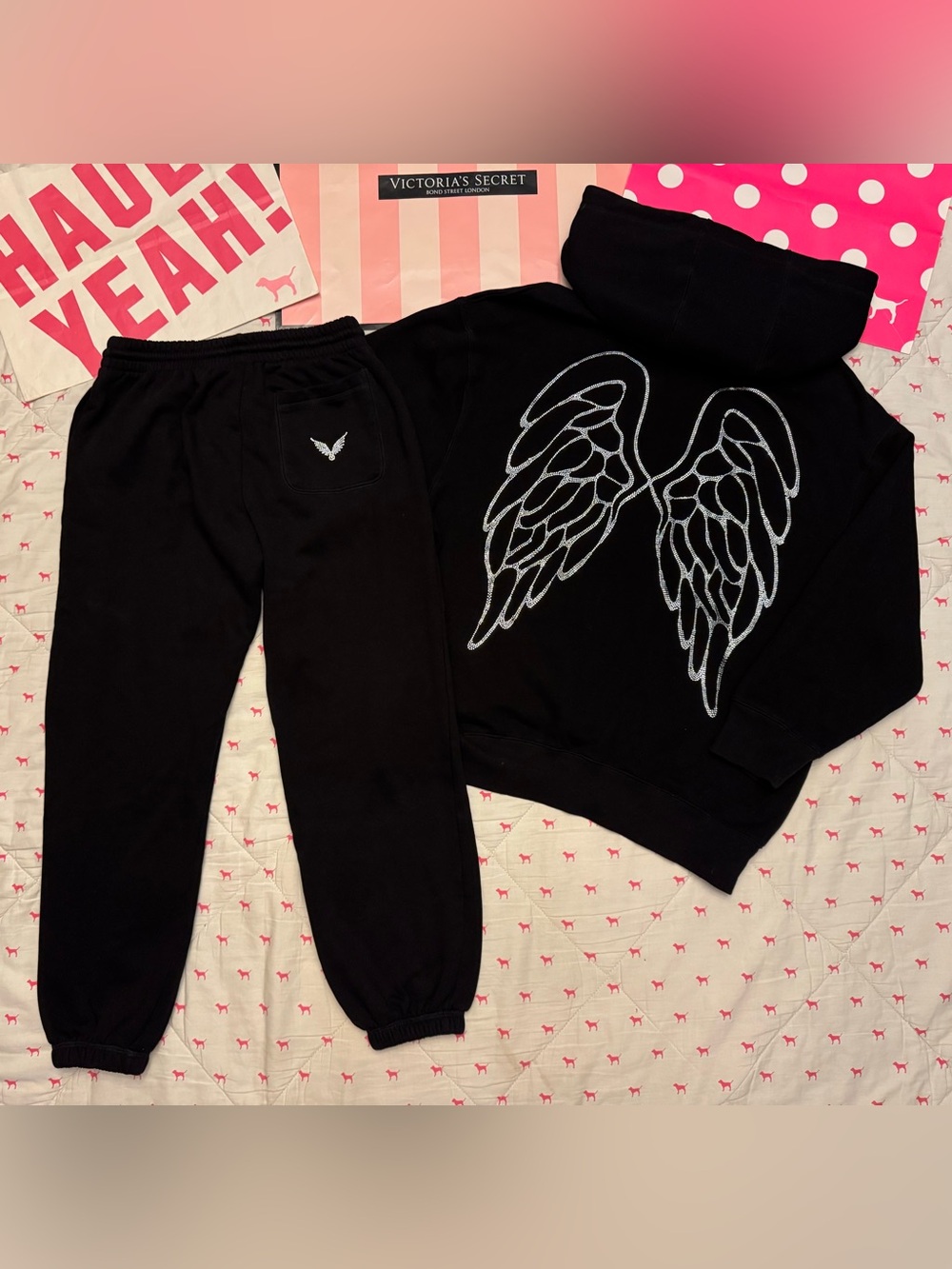 VICTORIA’S SECRET FASHION SHOW SET HOODIE & SWEATPANTS ANGEL WINGS BLING NWOT S